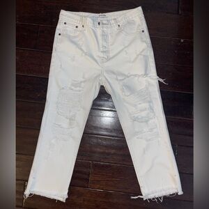 One X One Teaspoon distressed mid-rise cream baggie jeans